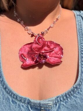 Handcrafted Pink Orchid Pendant Necklace - Women Jewelry